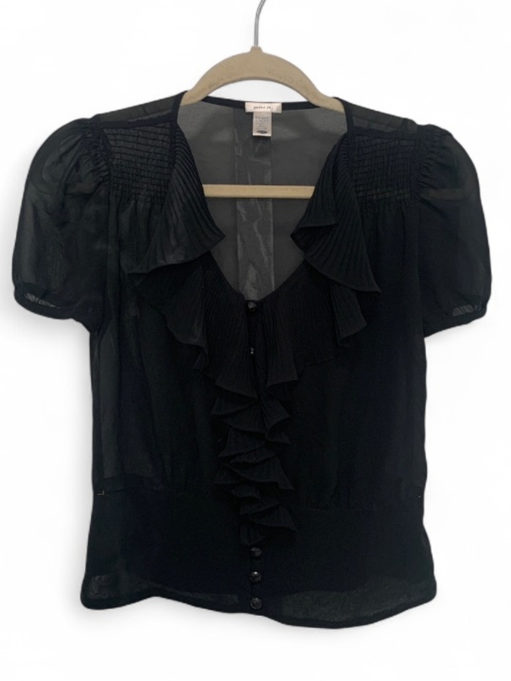 Y2K Old Navy Black Ruffle Front Button Down Puff Sleeve Blouse